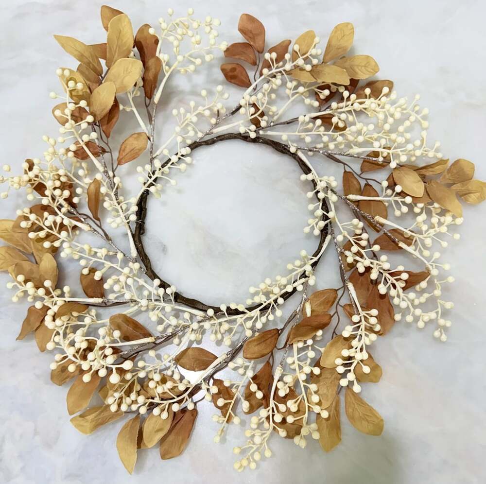 White Berry and Gold Leaf Artificial Wreath